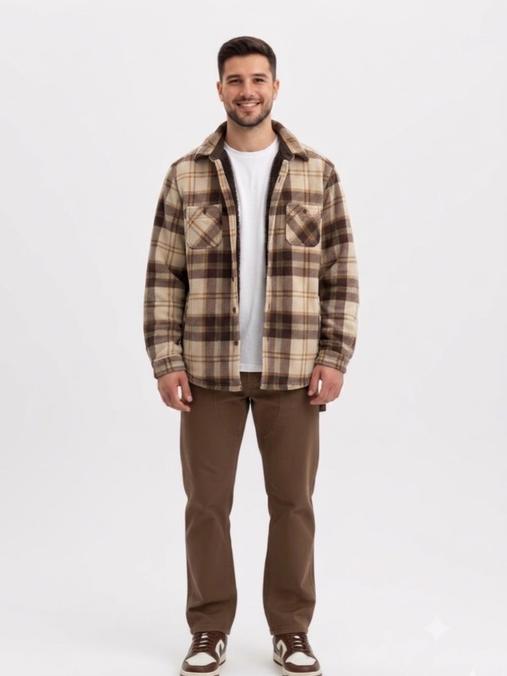 Weatherproof Plaid Shirt Jacket in Cream and Brown